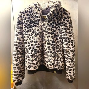 VS Pink Faux Fur Snow Leopard Hooded Jacket size M